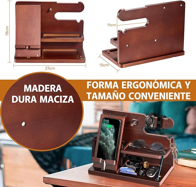 Organizador de Madera para Celular,2024 Nuevo Diseño,Organizador de Escritorio,Anillo,Anteojos,Relojes,Cartera,Accesorios para Hombre,Base de Celular para la Oficina y el Hogar,Regalos para Hombre.