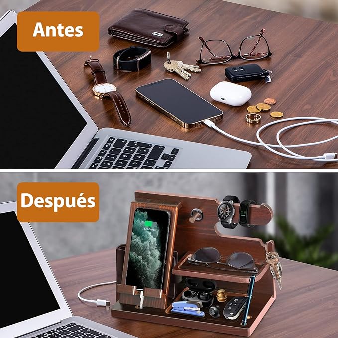Organizador de Madera para Celular,2024 Nuevo Diseño,Organizador de Escritorio,Anillo,Anteojos,Relojes,Cartera,Accesorios para Hombre,Base de Celular para la Oficina y el Hogar,Regalos para Hombre.