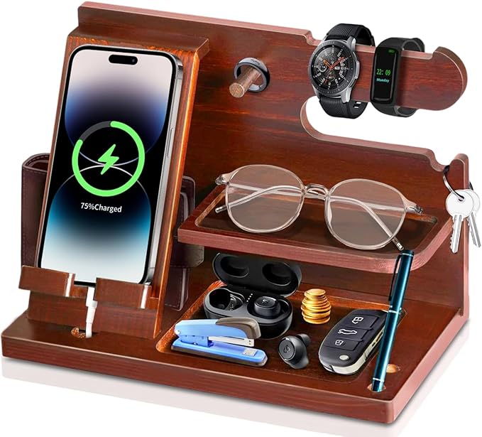 Organizador de Madera para Celular,2024 Nuevo Diseño,Organizador de Escritorio,Anillo,Anteojos,Relojes,Cartera,Accesorios para Hombre,Base de Celular para la Oficina y el Hogar,Regalos para Hombre.