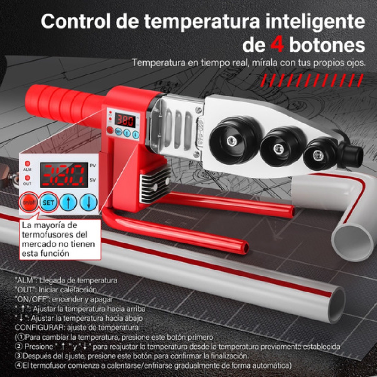 Termofusor Kit 1200w Pantalla Digtal , 6 Dados+10 Accesorios Rojo 0380