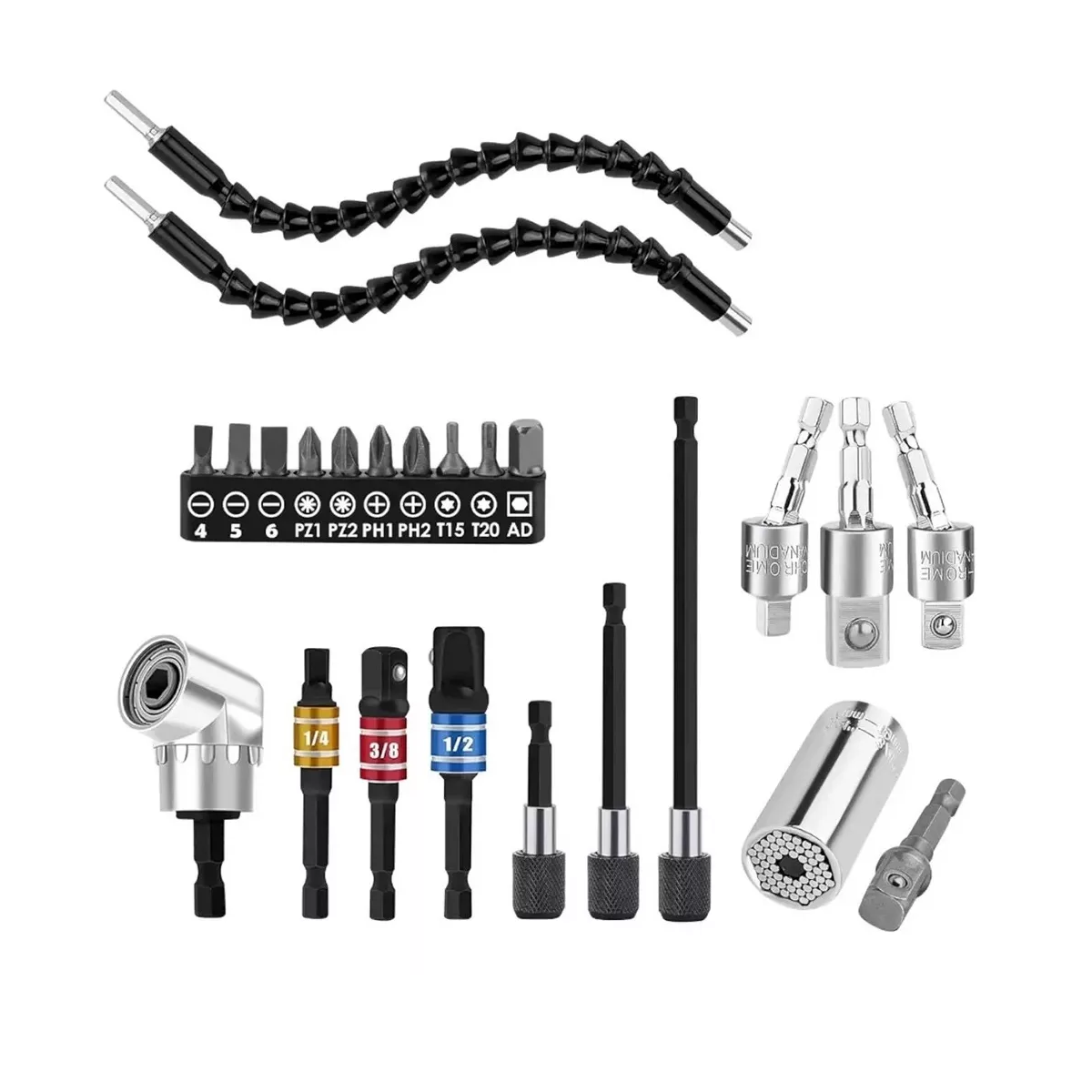 24pcs Kit De Adaptador De Taladro Eléctrico Con Angular 105° Negro.