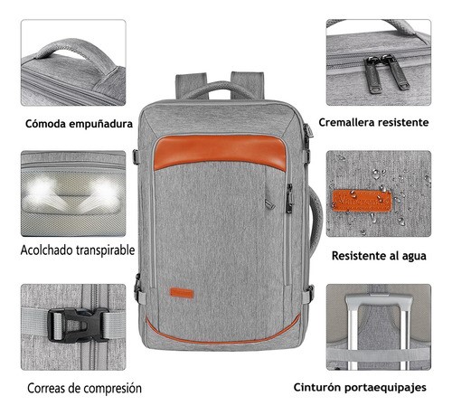 Mochila De Viaje Vancropak 1215 Mochilas De Viaje 50L Mochila Viaje con Tres Bolsos Gris y Naranja