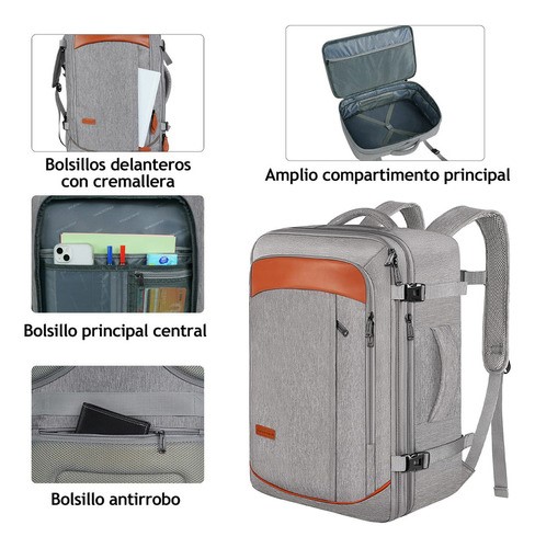 Mochila De Viaje Vancropak 1215 Mochilas De Viaje 50L Mochila Viaje con Tres Bolsos Gris y Naranja
