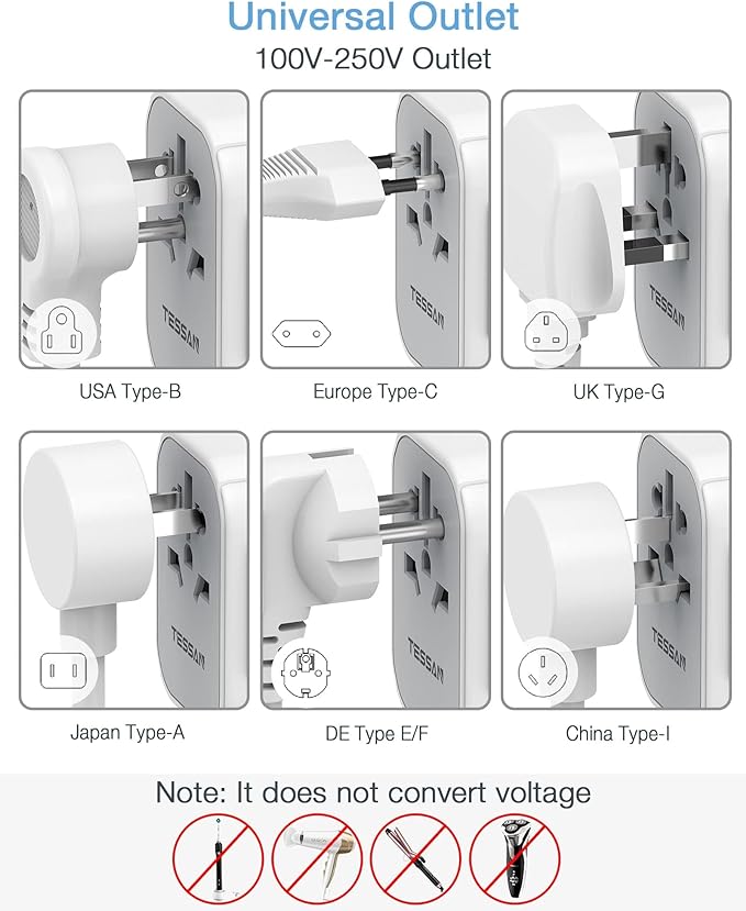 A TESSAN Adaptador Universal de Viaje, Adaptador Europeo con 3 Cargador USB C, Convertidor de Voltaje Europa, Adaptador Tipo C Travel Essentials para Europa, Reino Unidos, Australia, Americano, China.