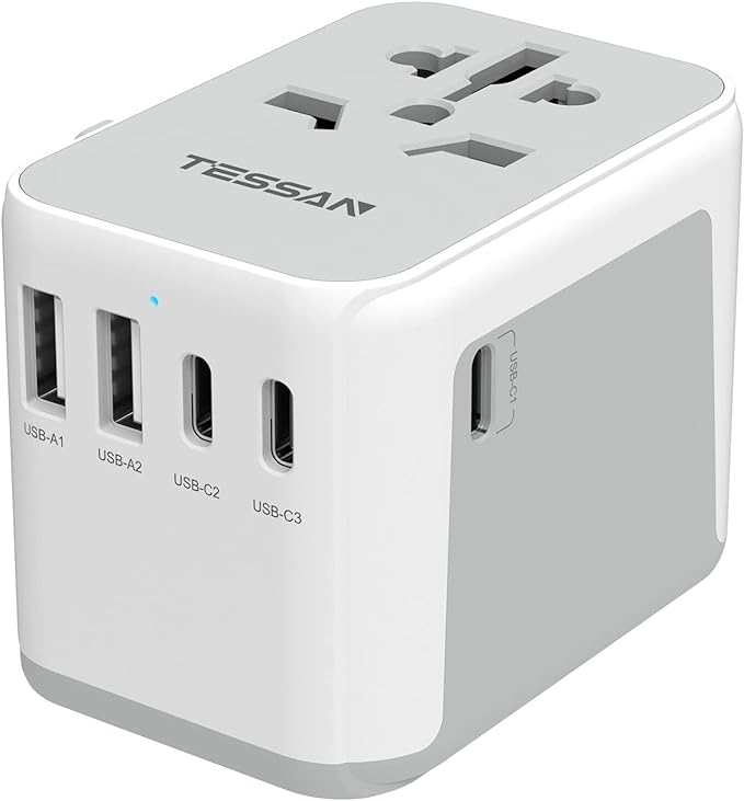 A TESSAN Adaptador Universal de Viaje, Adaptador Europeo con 3 Cargador USB C, Convertidor de Voltaje Europa, Adaptador Tipo C Travel Essentials para Europa, Reino Unidos, Australia, Americano, China.