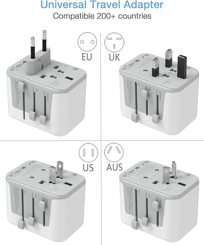 A TESSAN Adaptador Universal de Viaje, Adaptador Europeo con 3 Cargador USB C, Convertidor de Voltaje Europa, Adaptador Tipo C Travel Essentials para Europa, Reino Unidos, Australia, Americano, China.