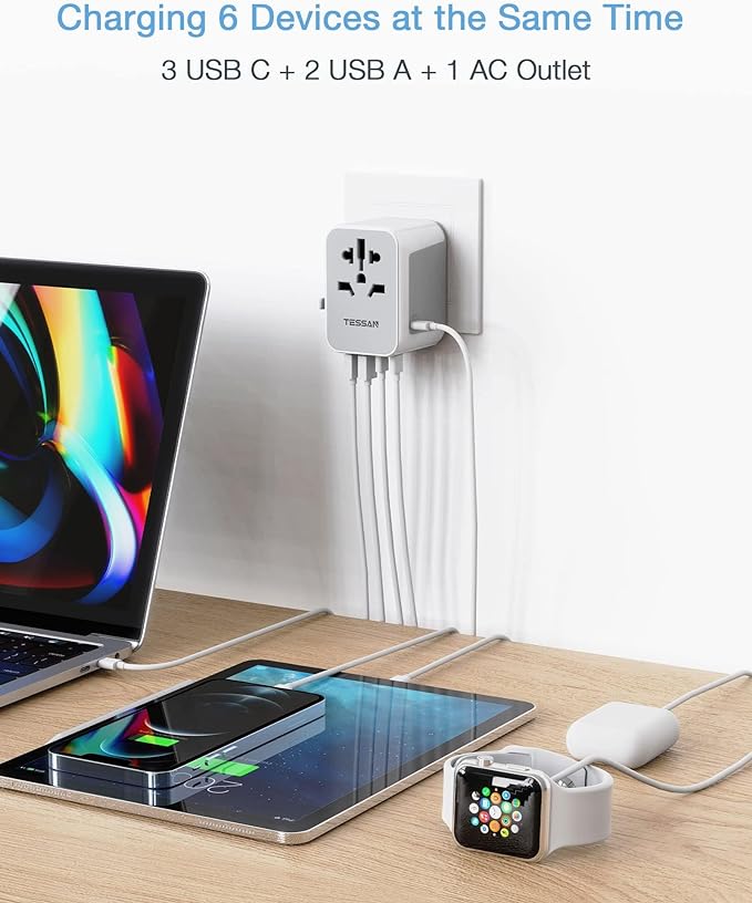 A TESSAN Adaptador Universal de Viaje, Adaptador Europeo con 3 Cargador USB C, Convertidor de Voltaje Europa, Adaptador Tipo C Travel Essentials para Europa, Reino Unidos, Australia, Americano, China.