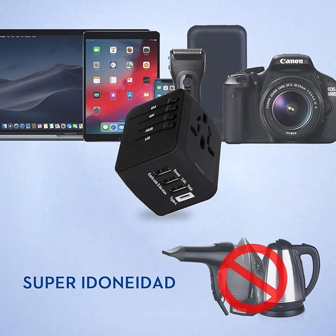 A NIERBO Adaptador de Viaje Internacional, Todo en uno Cargador Universal de Adaptador Enchufe, 3 Puertos USB y 1 Tipo C, para el Reino Unido Estados Unidos Australia Europa y Asia(+160 países).