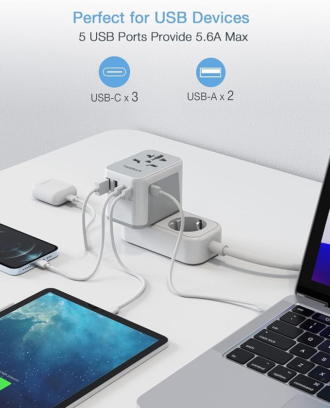 A TESSAN Adaptador Universal de Viaje, Adaptador Europeo con 3 Cargador USB C, Convertidor de Voltaje Europa, Adaptador Tipo C Travel Essentials para Europa, Reino Unidos, Australia, Americano, China.