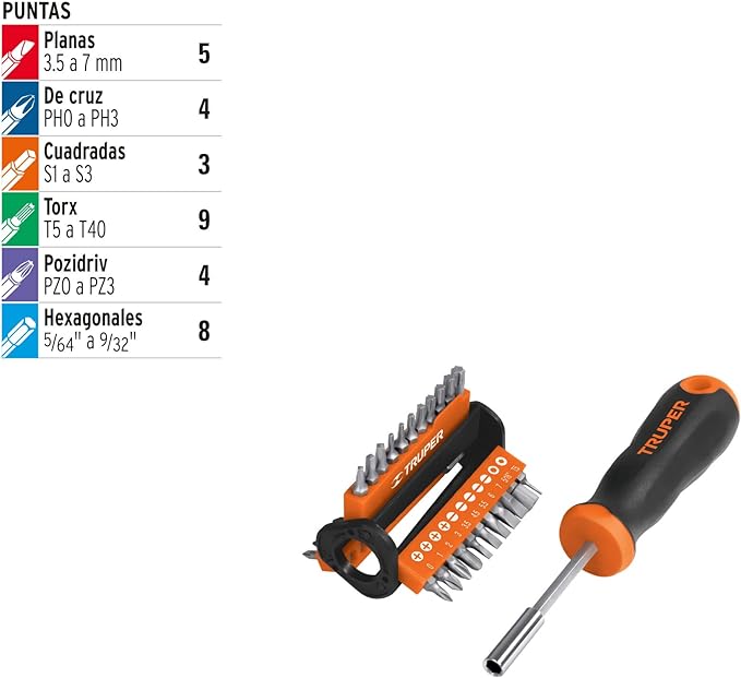 A Truper DMP-33, Desarmador multipunta, con 33 puntas.