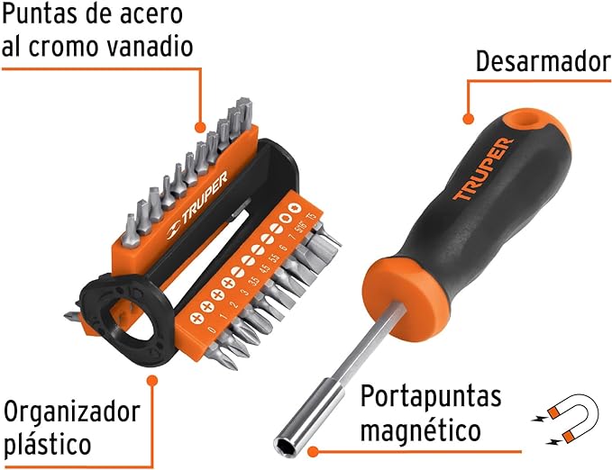 A Truper DMP-33, Desarmador multipunta, con 33 puntas.