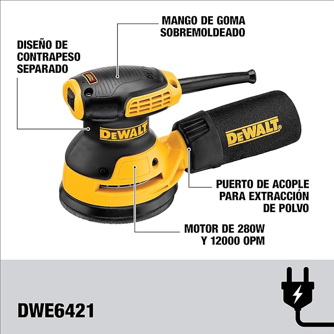 DEWALT DWE6421-B3 Lijadora Roto-Orbital 5 pulgadas, Amarillo.