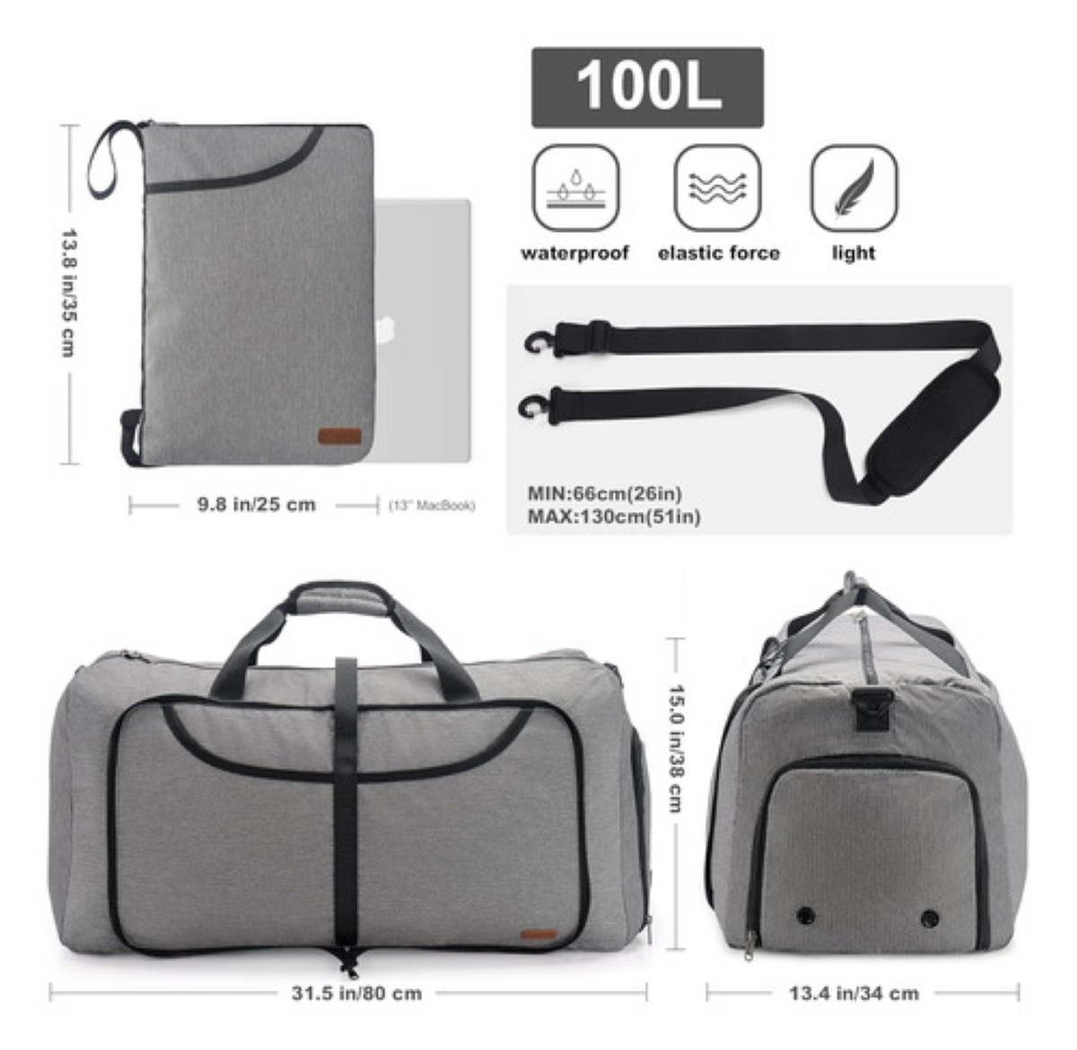 Mochila De Viaje Plegable Maleta Deportiva GRIS