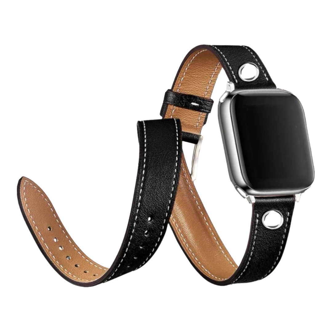 Correa Compatible Con Apple Watch Cuero Negro Doble Pulsera 42/44/45 mm.