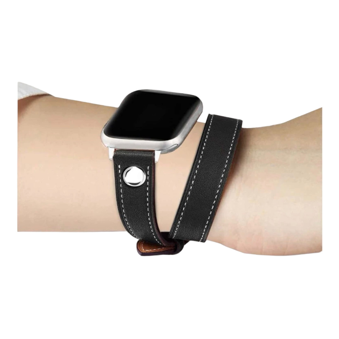 Correa Compatible Con Apple Watch Cuero Negro Doble Pulsera 42/44/45 mm.