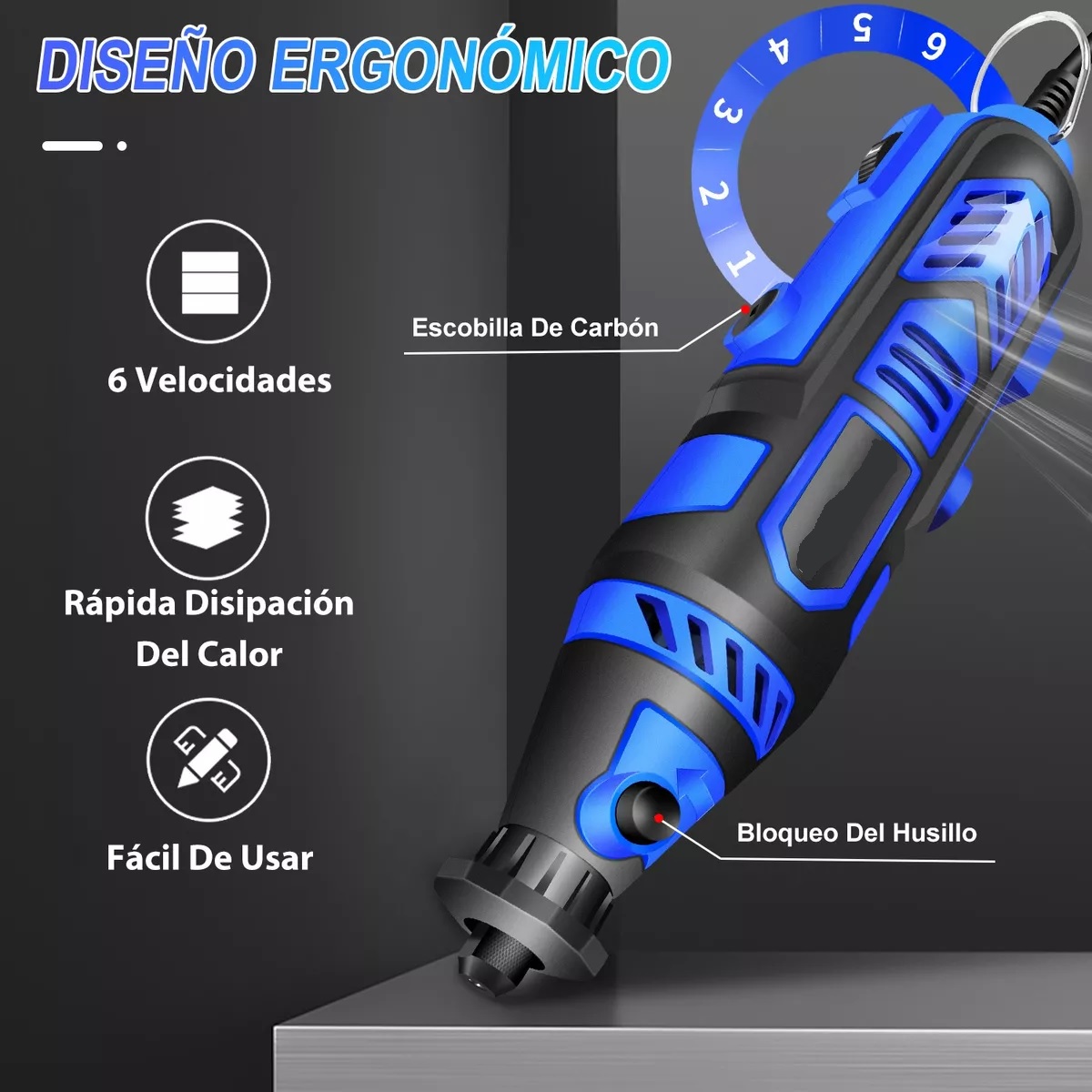 Mini Taladro Mototool Para Cortar Lijar Pulir Azul Rey /Negro.