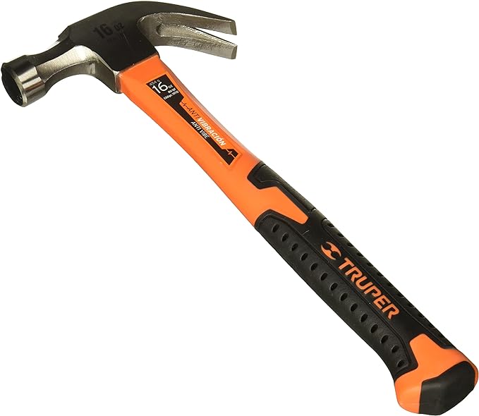 Truper MA-16F, Martillo pulido, uña curva 16 oz, mango de fibra de vidrio.