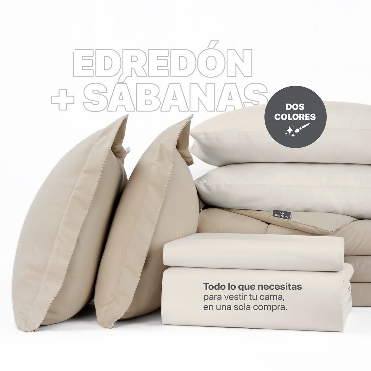 Set Edredón Matrimonial con Fundas y Sábanas 7 Pzas Khaki / Beige Real Textil.