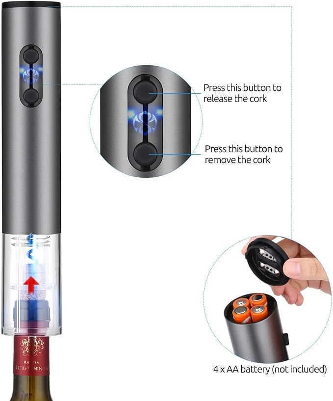 A Sacacorchos Eléctrico de Vinos, Abridor Eléctrico para Vino Sacacorcho Descarchador Accesorio para Vino Juego de 4 Piezas(batería seca).