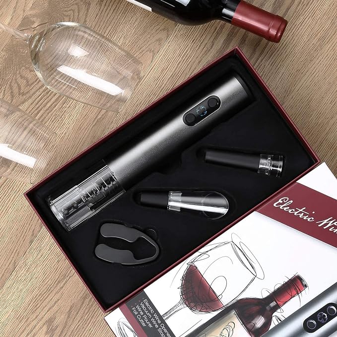 A Sacacorchos Eléctrico de Vinos, Abridor Eléctrico para Vino Sacacorcho Descarchador Accesorio para Vino Juego de 4 Piezas(batería seca).