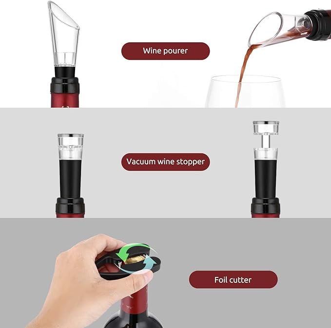 A Sacacorchos Eléctrico de Vinos, Abridor Eléctrico para Vino Sacacorcho Descarchador Accesorio para Vino Juego de 4 Piezas(batería seca).