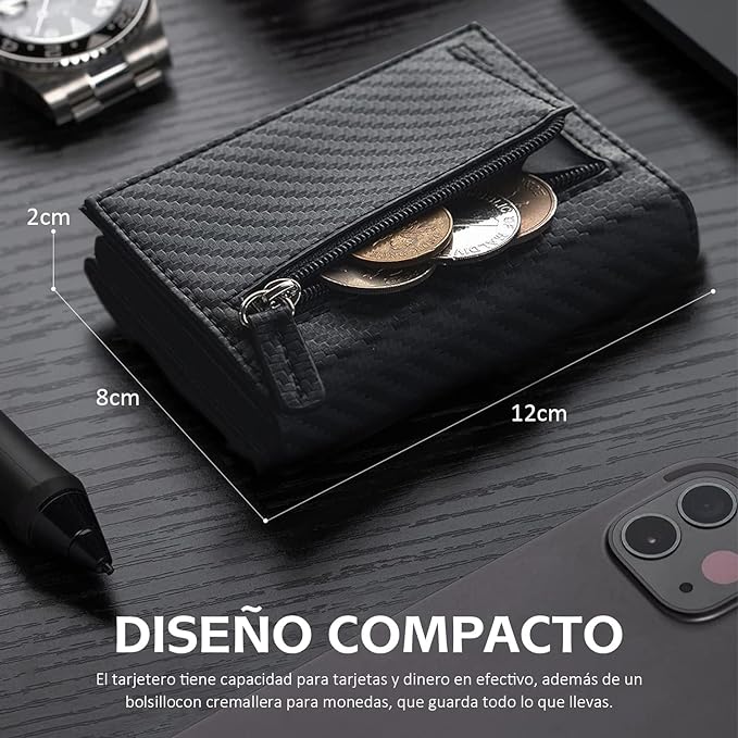 A Tarjetero de cuero,Cartera para Hombre RFID Bloqueo Antirrobo Tarjetero para Caballero Plegable,con bolsillo de moneda cierre del imán billetera,para efectivo y monedas,Carteras para Hombre Regalo.