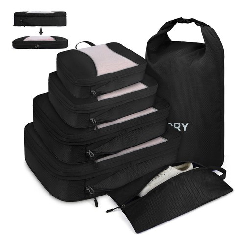 6pcs Bolsas Organizadoras De Maletas Para Viaje, Impermeable negro.