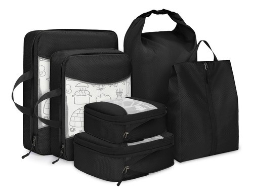 6pcs Bolsas Organizadoras De Maletas Para Viaje, Impermeable negro.