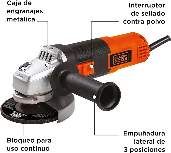 BLACK+DECKER Mini Esmeriladora 4 1/2 Pulgadas de 820W con 11000Rpm con 6 discos abrasivos G720P.