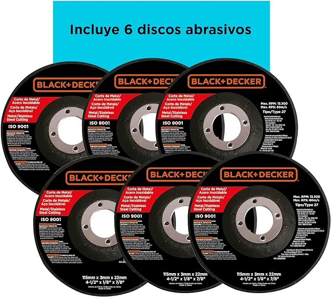 BLACK+DECKER Mini Esmeriladora 4 1/2 Pulgadas de 820W con 11000Rpm con 6 discos abrasivos G720P.