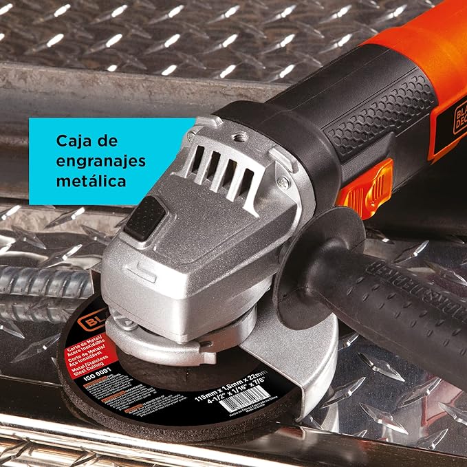 BLACK+DECKER Mini Esmeriladora 4 1/2 Pulgadas de 820W con 11000Rpm con 6 discos abrasivos G720P.