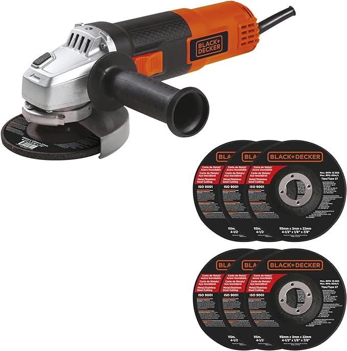 BLACK+DECKER Mini Esmeriladora 4 1/2 Pulgadas de 820W con 11000Rpm con 6 discos abrasivos G720P.