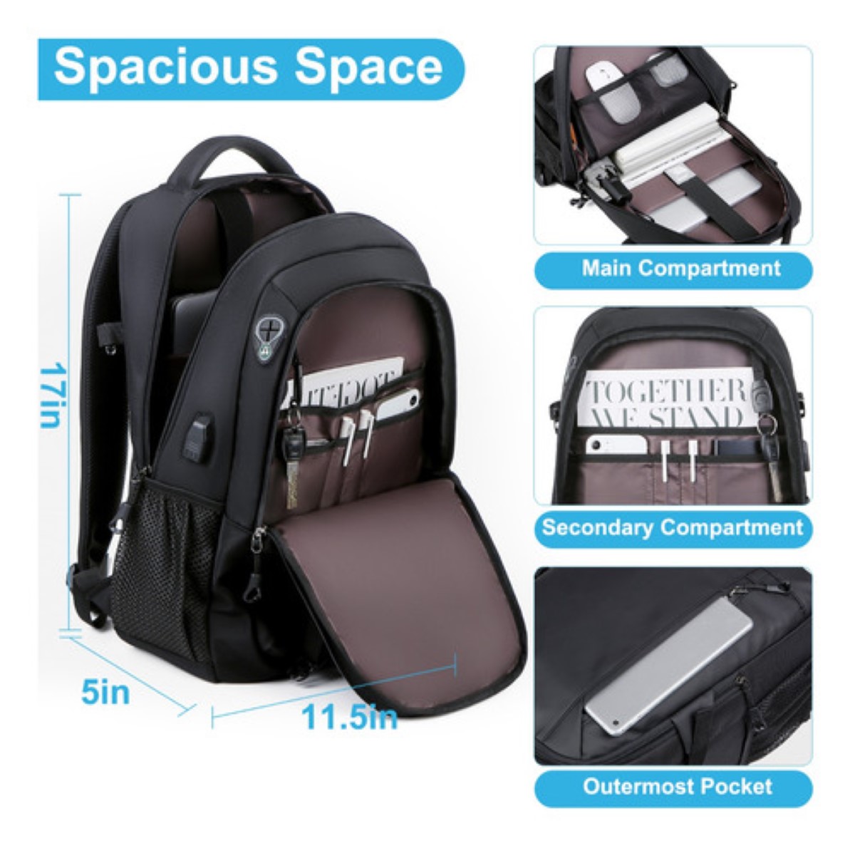 Mochila De Viaje Bolsa Hombre Backpack Mujer Mochila Para Laptop Escolares Antirrobo Impermeable Negra 15.6inch Con Puerto Carga Usb.