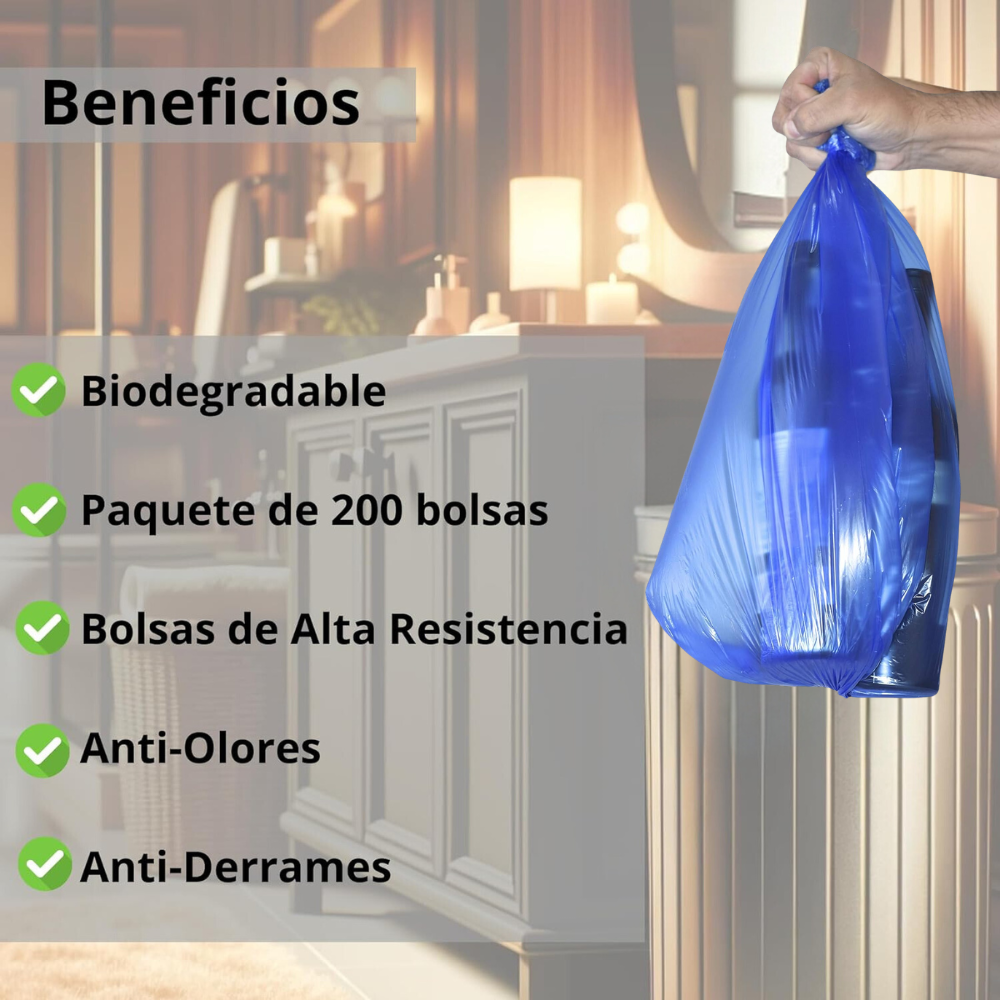 Bolsas de Basura Ideal para Cocina, baño, recámara u Oficina (60 x 84 cm) Biodegradables, color azul (12-16 gal) Paquete de 200 bolsas.