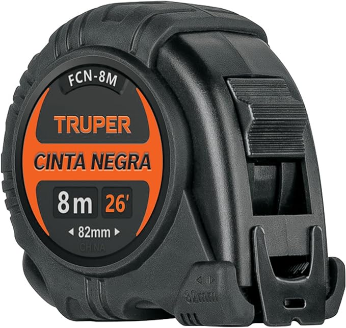 Truper FCN-8M, Flexómetro contra impactos 8 m cinta negra 25 mm.