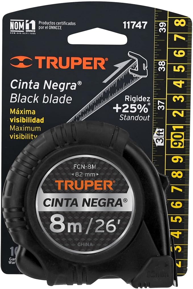 Truper FCN-8M, Flexómetro contra impactos 8 m cinta negra 25 mm.