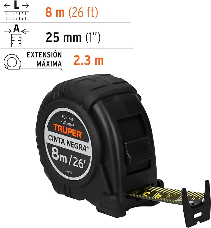 Truper FCN-8M, Flexómetro contra impactos 8 m cinta negra 25 mm.