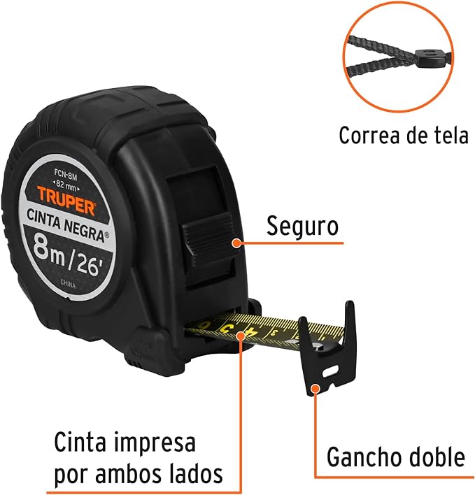Truper FCN-8M, Flexómetro contra impactos 8 m cinta negra 25 mm.