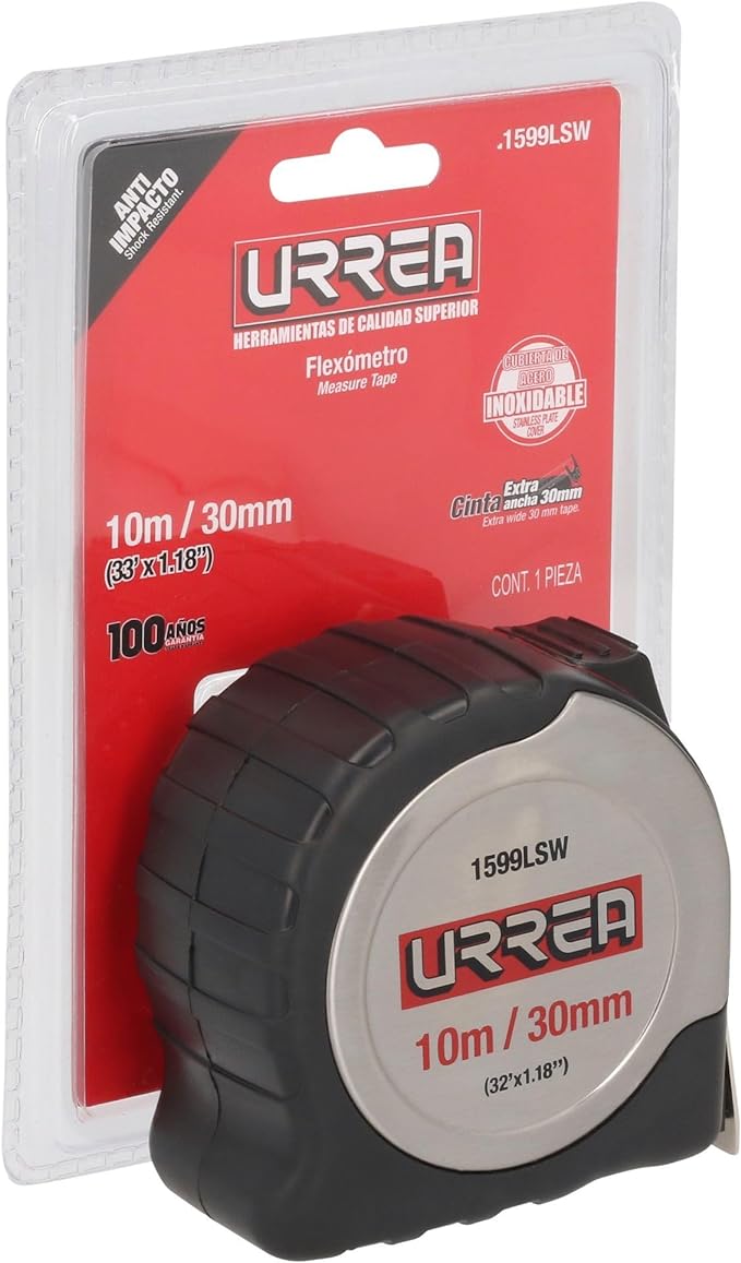 Urrea 1599LSW Flexómetro con carcasa de acero inoxidable 10 m x 30 mm.