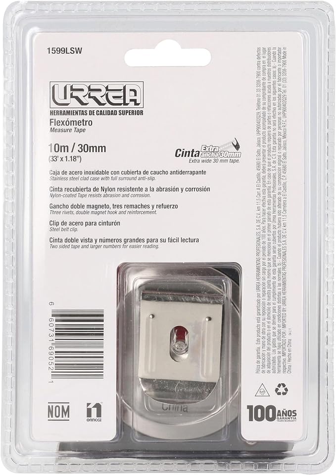 Urrea 1599LSW Flexómetro con carcasa de acero inoxidable 10 m x 30 mm.