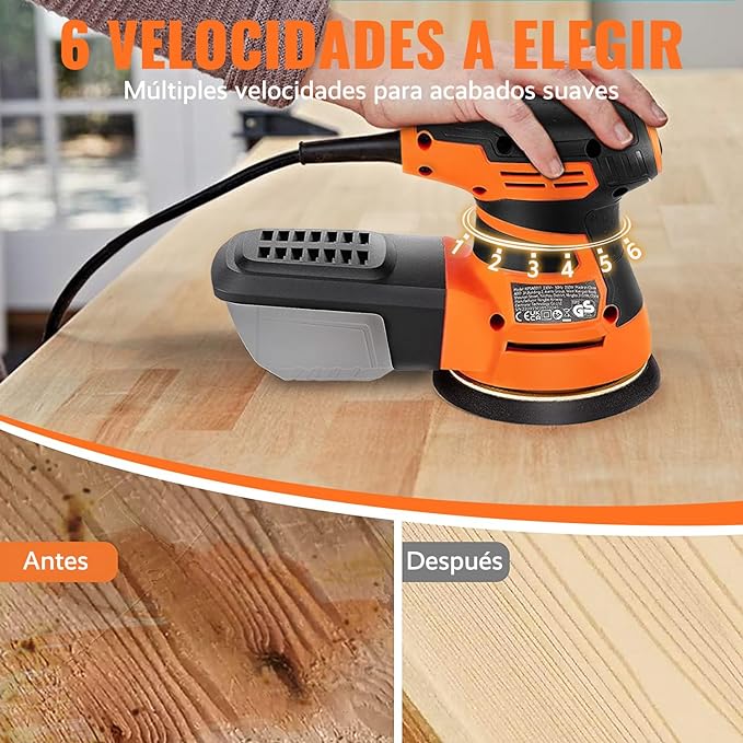 RAMSPIT - Lijadora orbital aleatoria,2.8A 350W Lijadora de órbita aleatoria 5 pulgadas, 6 velocidad 13000 RPM, con caja de polvo ciclónica y 15 hojas de lijado para carpintería, pulido, pulido.