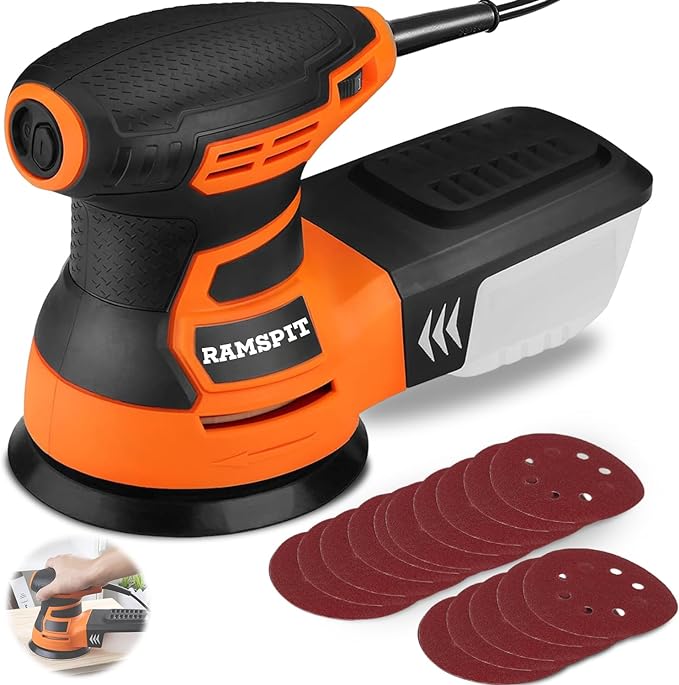 RAMSPIT - Lijadora orbital aleatoria,2.8A 350W Lijadora de órbita aleatoria 5 pulgadas, 6 velocidad 13000 RPM, con caja de polvo ciclónica y 15 hojas de lijado para carpintería, pulido, pulido.