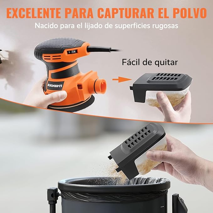 RAMSPIT - Lijadora orbital aleatoria,2.8A 350W Lijadora de órbita aleatoria 5 pulgadas, 6 velocidad 13000 RPM, con caja de polvo ciclónica y 15 hojas de lijado para carpintería, pulido, pulido.