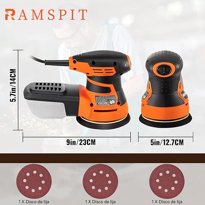 RAMSPIT - Lijadora orbital aleatoria,2.8A 350W Lijadora de órbita aleatoria 5 pulgadas, 6 velocidad 13000 RPM, con caja de polvo ciclónica y 15 hojas de lijado para carpintería, pulido, pulido.
