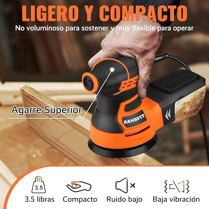 RAMSPIT - Lijadora orbital aleatoria,2.8A 350W Lijadora de órbita aleatoria 5 pulgadas, 6 velocidad 13000 RPM, con caja de polvo ciclónica y 15 hojas de lijado para carpintería, pulido, pulido.