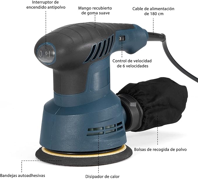Lijadora Orbital Aleatoria de 5",5000-12000 rpm, 6 Velocidades Variables con 4 Papeles de Lija,