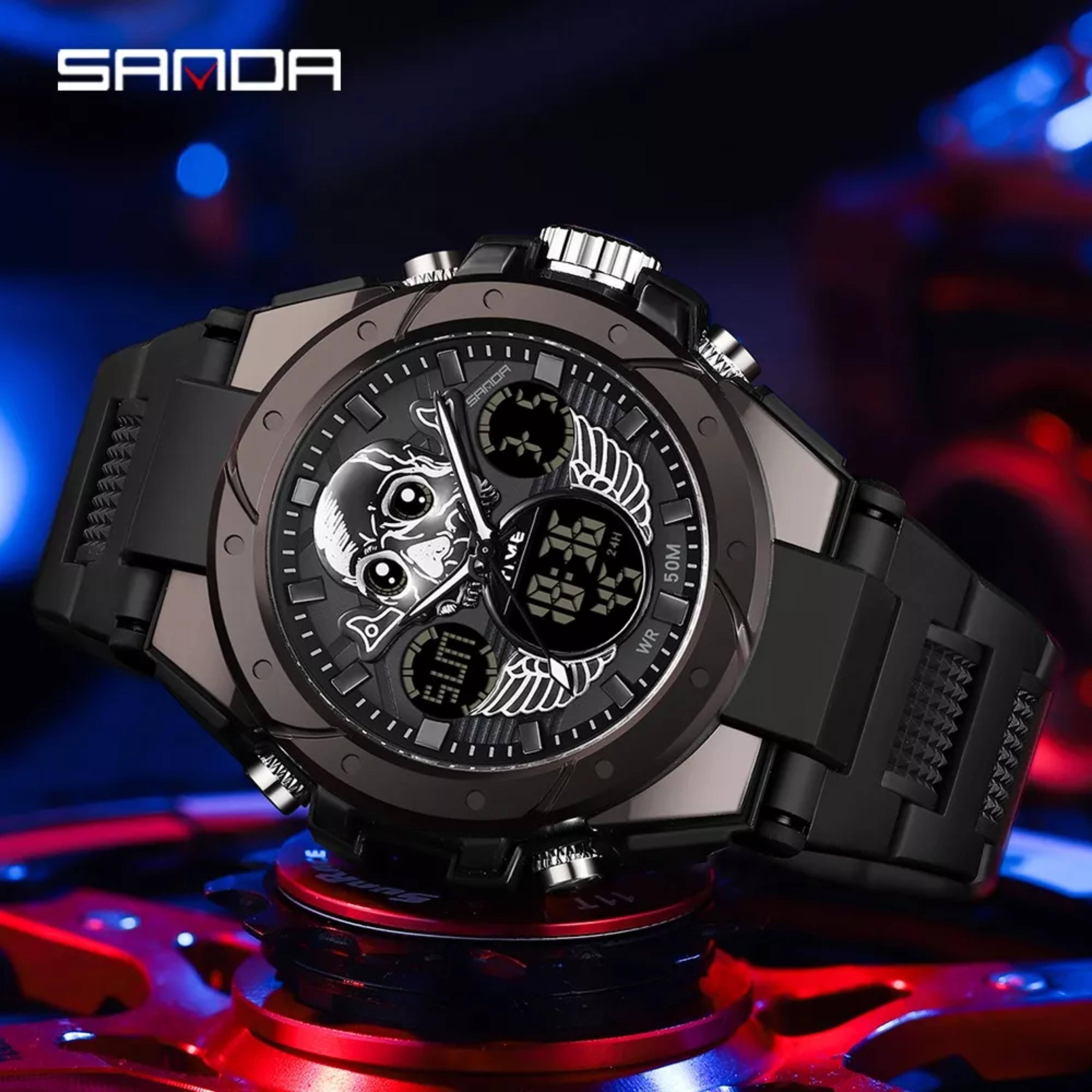Cronógrafo Digital Impermeable Sanda Skull.