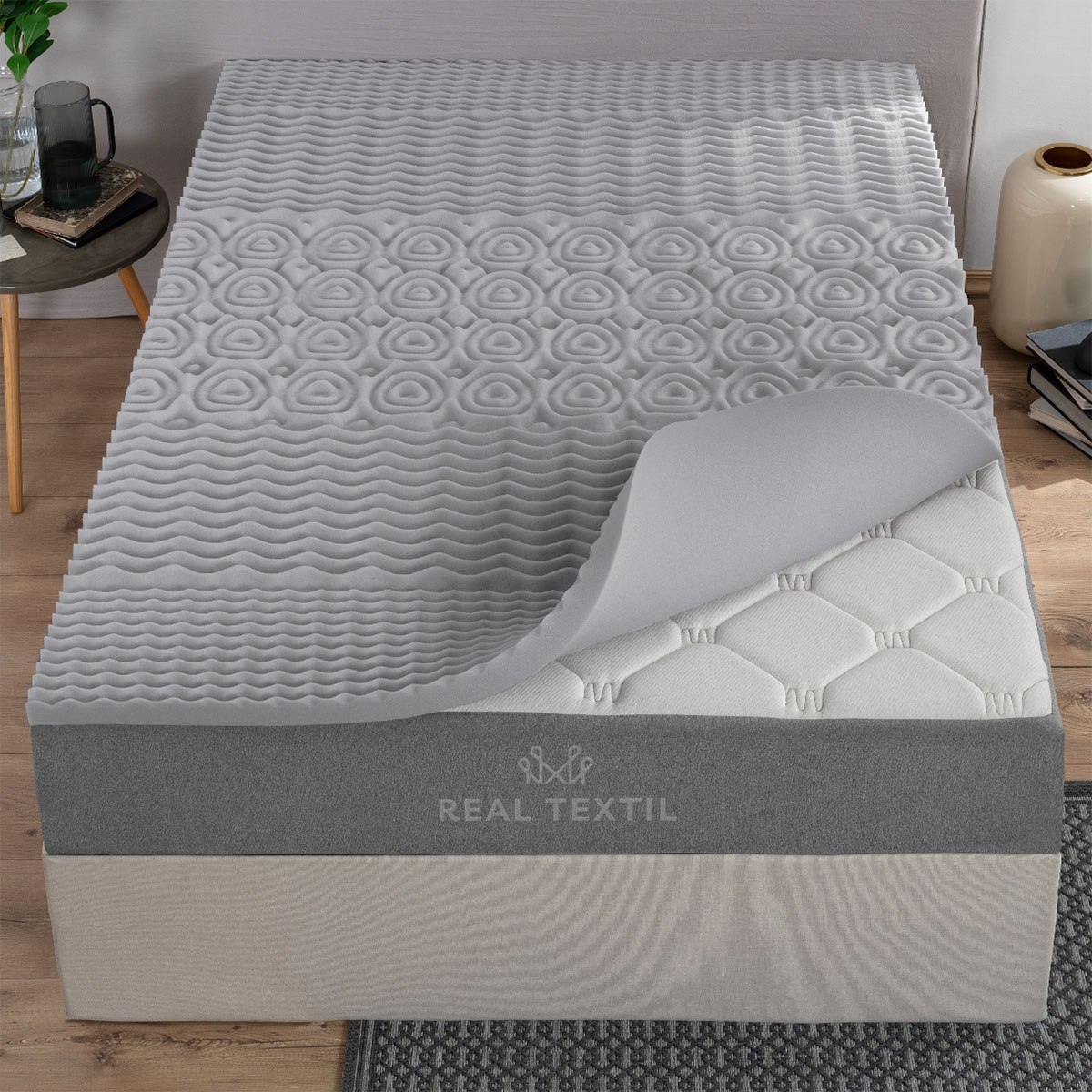 Colchoneta Cubrecolchón Memory Foam Queen Size Topper Sobrecolchón con 5 Zonas Ergonómicas Gris REAL TEXTIL.