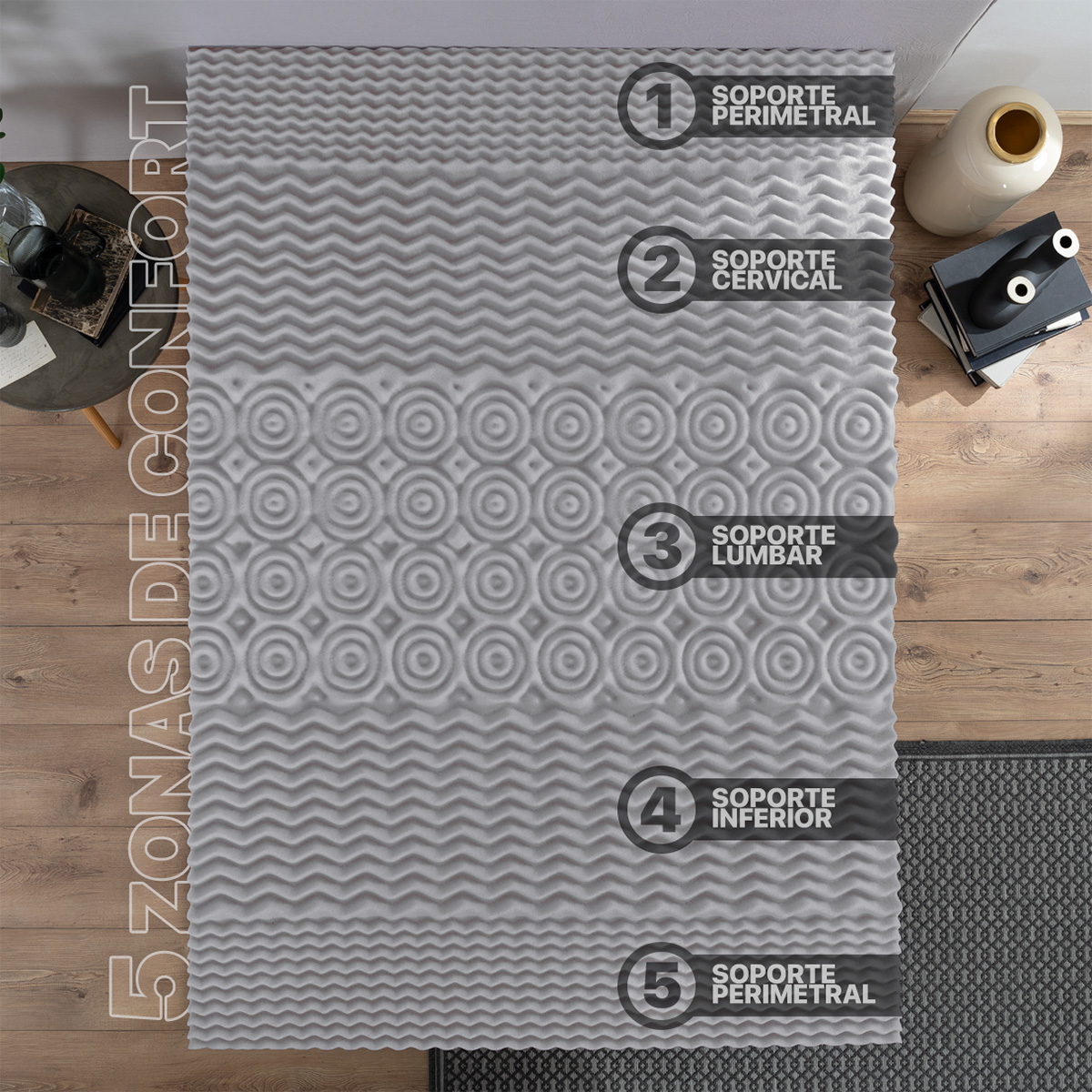 Colchoneta Cubrecolchón Memory Foam Queen Size Topper Sobrecolchón con 5 Zonas Ergonómicas Gris REAL TEXTIL.