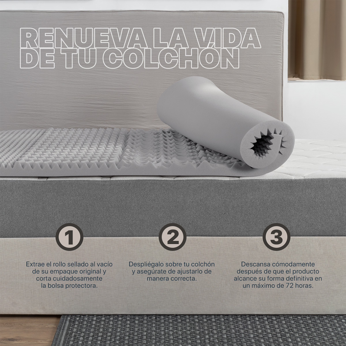 Colchoneta Cubrecolchón Memory Foam Queen Size Topper Sobrecolchón con 5 Zonas Ergonómicas Gris REAL TEXTIL.